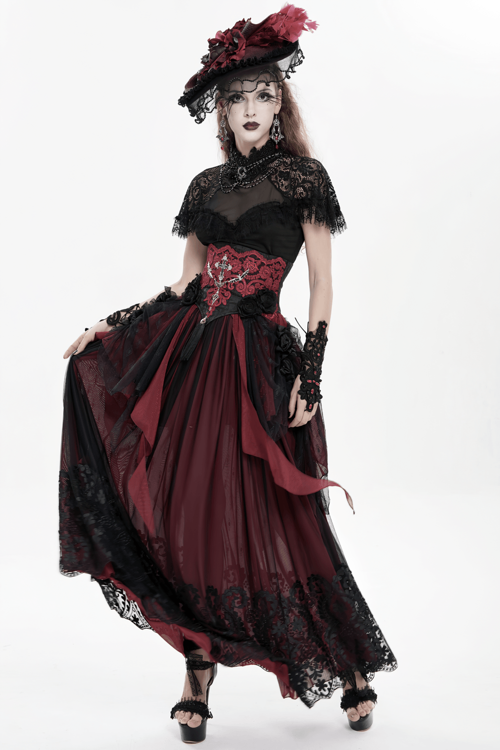 Alt Tag: Elegant Red-Black Gothic Lace Corset Belt with Overskirt on Victorian gothic model, lace dress, embroidered waist panel, dramatic bustle train