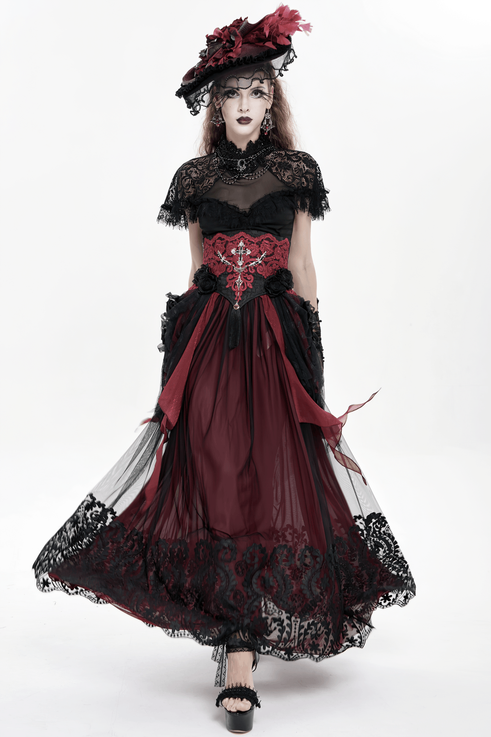 Alt Tag: Elegant Red-Black Gothic Lace Corset Belt with Overskirt on Victorian dark romance model with red-black lace, mesh train, and ornate waist detail