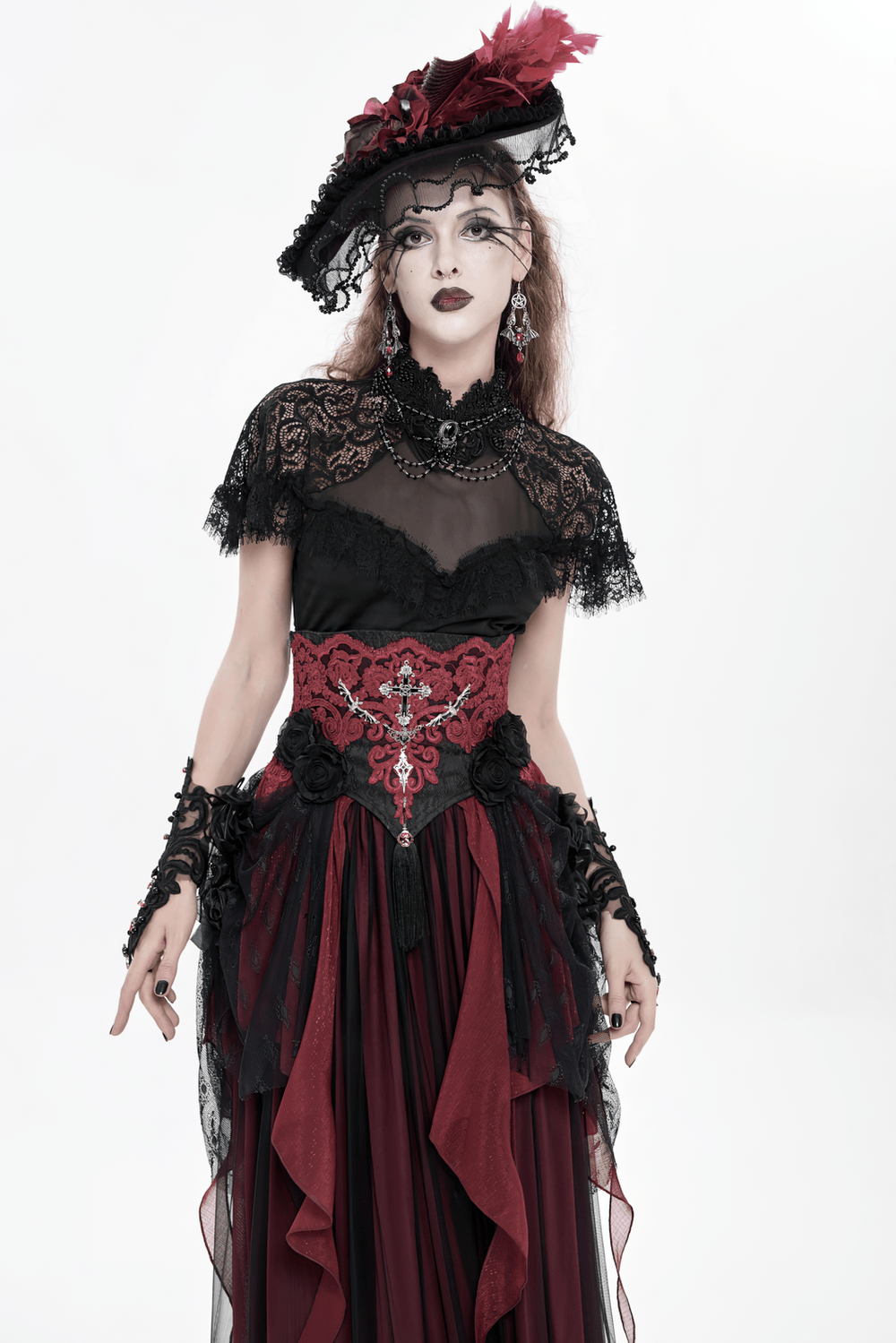 Elegant Red-Black Gothic Lace Corset Belt with Overskirt on model, Victorian dark romance waist cincher with cross embroidery and layered mesh train