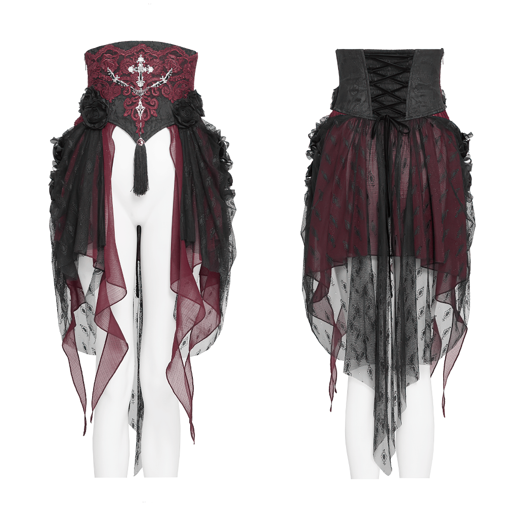 Alt Tag: Elegant Red-Black Gothic Lace Corset Belt with Overskirt, Victorian waist cincher bustle train skirt with embroidered cross and layered mesh drape