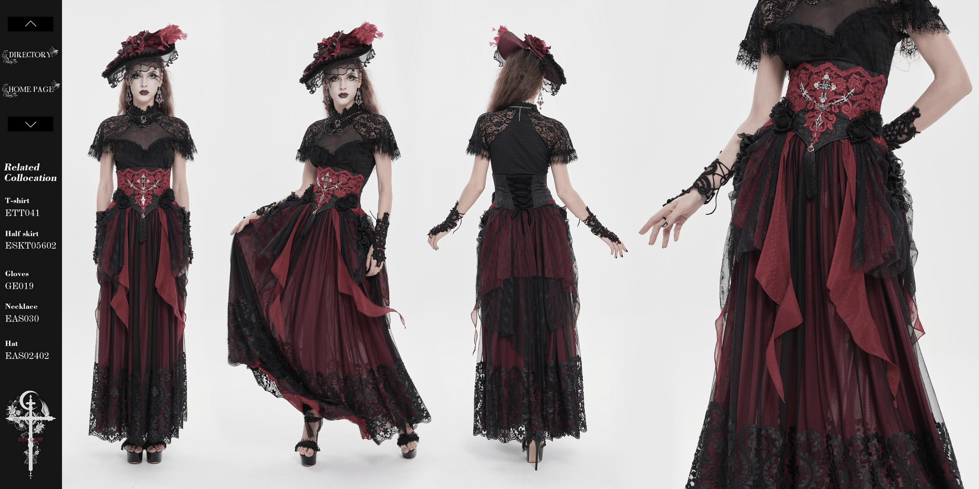 Alt Tag: Elegant Red-Black Gothic Lace Corset Belt with Overskirt on Victorian dark romance dress, red-black lace, cross embroidery, mesh train