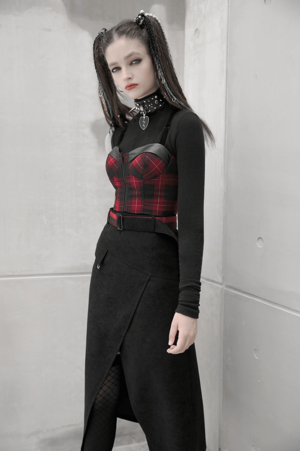 Elegant Red Black Plaid Zip-Up Punk Style Corset