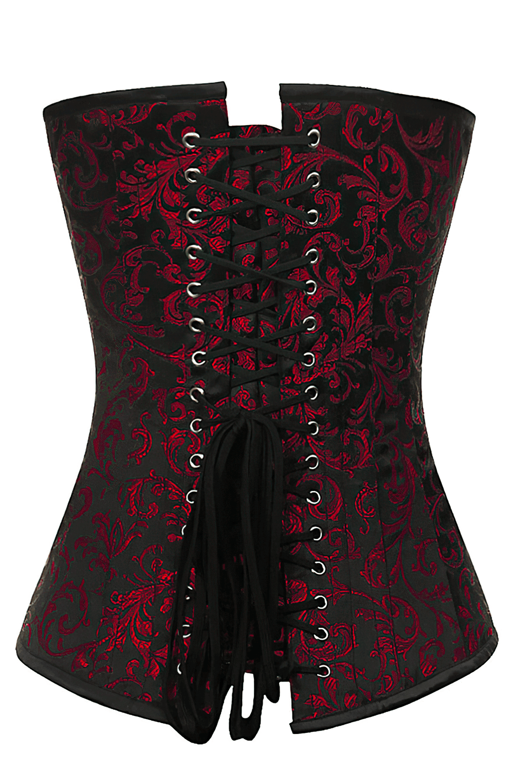 Elegant red and black brocade gothic overbust corset with lace-up back and steel boning for a dramatic silhouette.