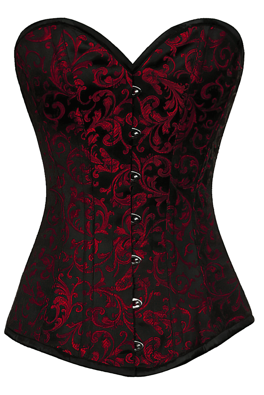 Elegant red and black gothic overbust corset with intricate brocade design and steel boning.