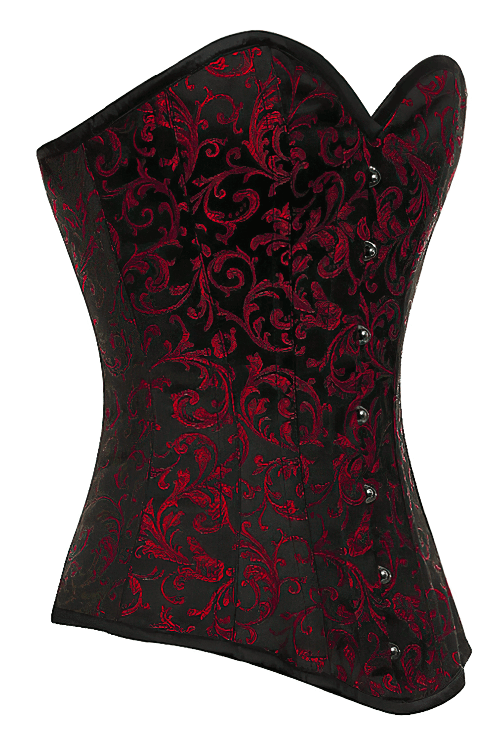 Elegant red and black brocade overbust corset with steel boning and lace-up back.