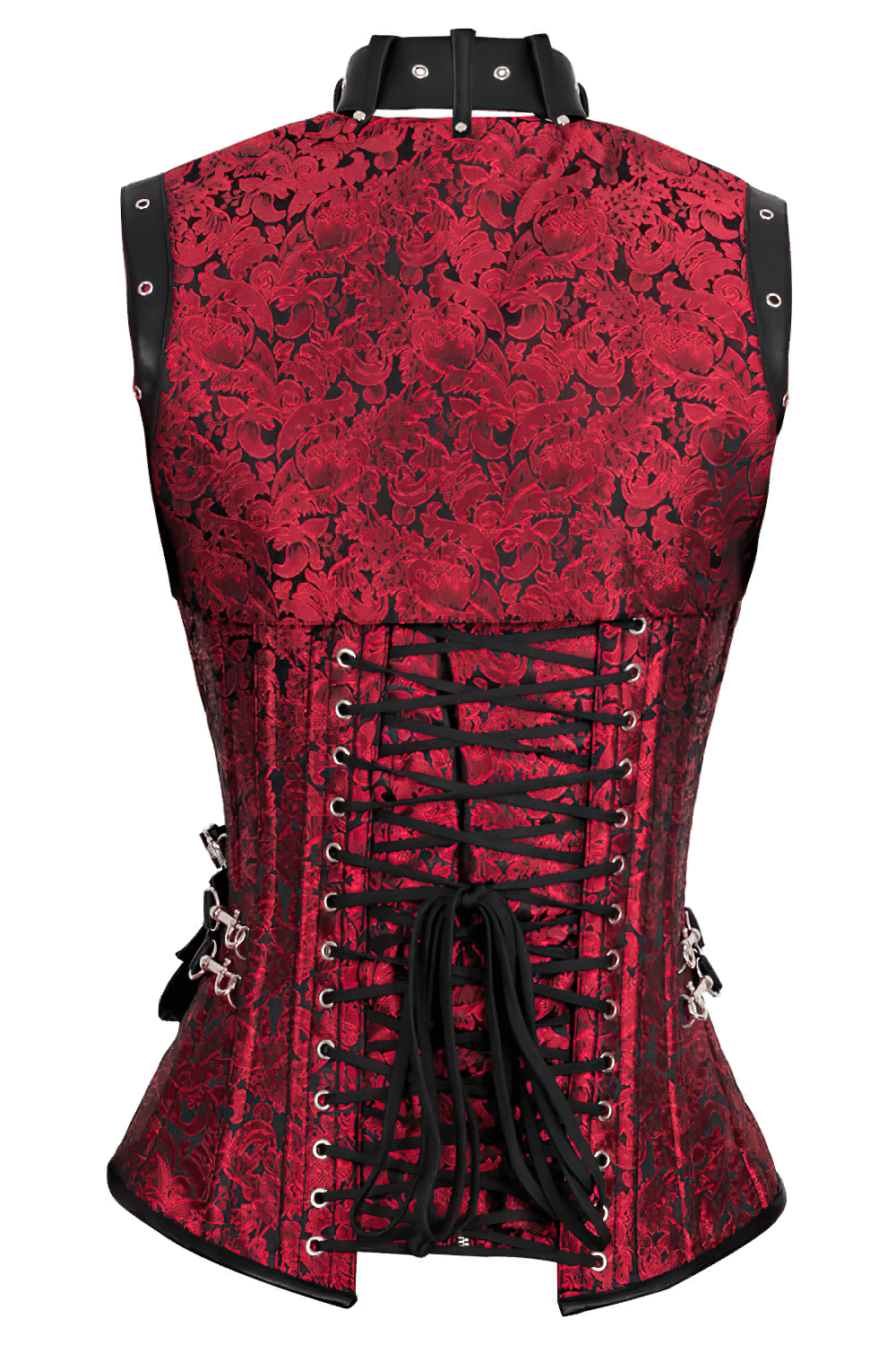 Alt Tag: Elegant Red Steampunk Overbust Corset With Shrug Outfit back view maroon brocade corset, black lace-up lacing & side zipper