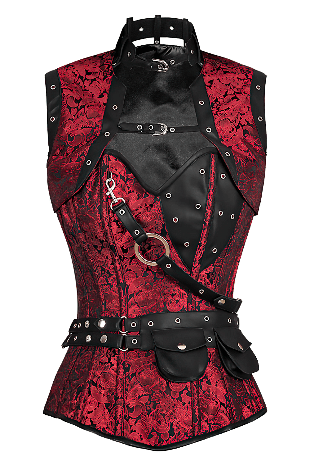 Alt Tag: Elegant Red Steampunk Overbust Corset With Shrug Outfit maroon-black brocade corset, bolero shrug, buckles, side zip, lace-up back, pouch