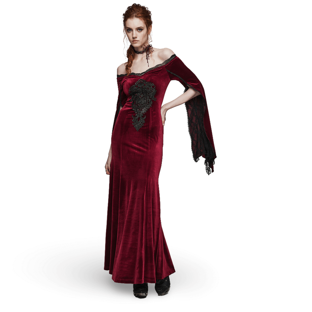 Elegant red velvet Gothic dress with lace sleeves and a seductive V-neck, perfect for a dramatic look.