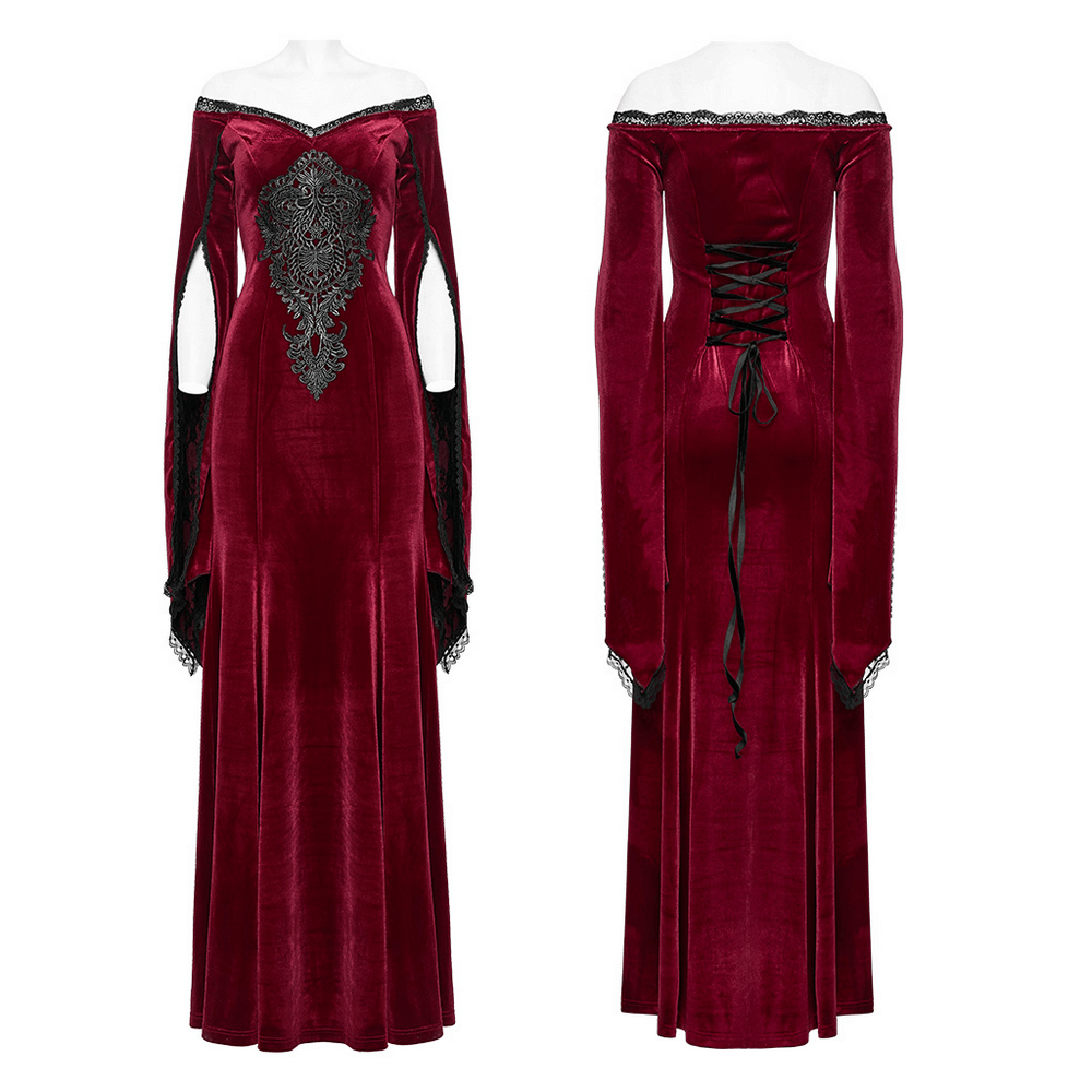 Elegant red velvet gothic dress with lace sleeves and striking frontal decal, showcasing a seductive V-neck.