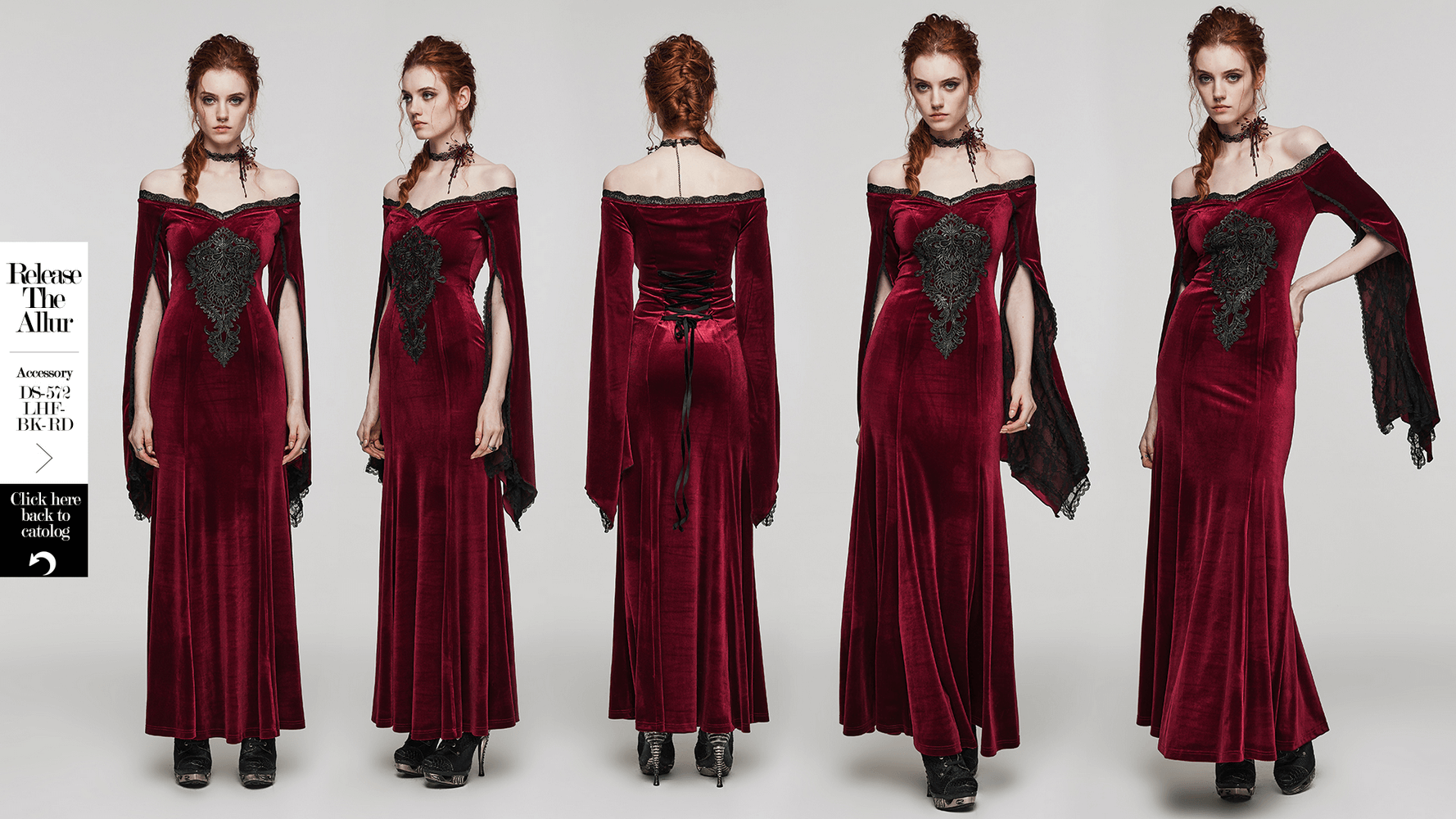 Elegant red velvet gothic dress with lace sleeves and ornate decal, showcasing a mysterious allure.