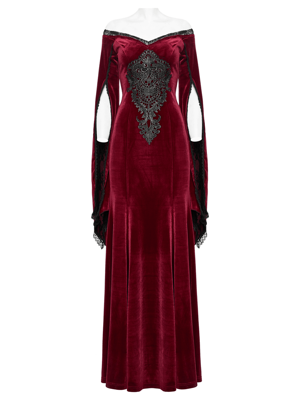 Elegant red velvet gothic dress with lace sleeves and intricate frontal decal, perfect for dramatic occasions.