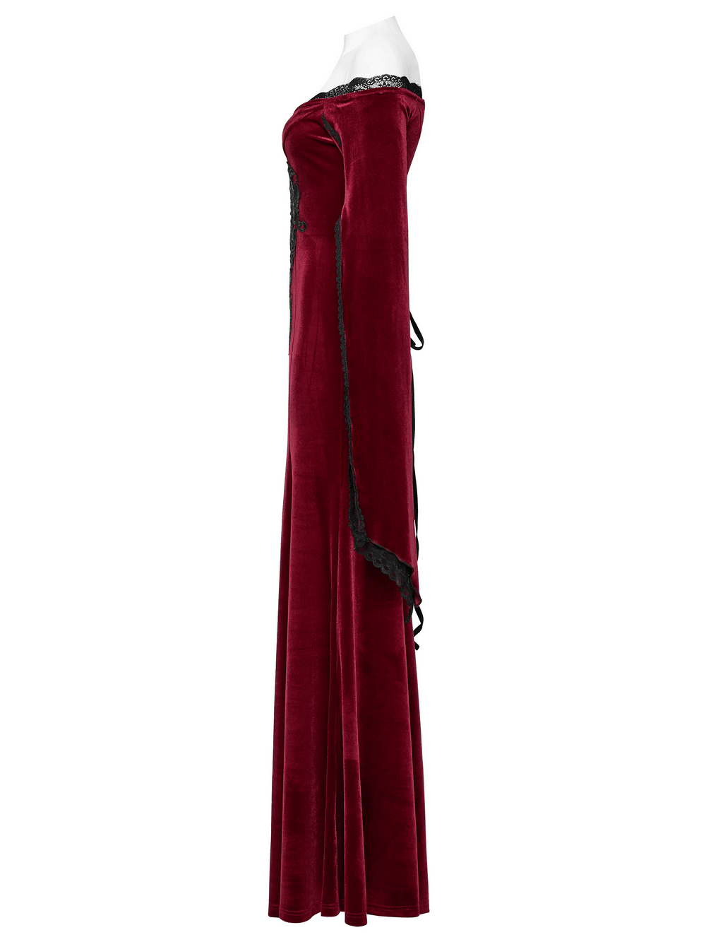 Elegant red velvet gothic dress with lace sleeves, showcasing a luxurious side view and dramatic silhouette.