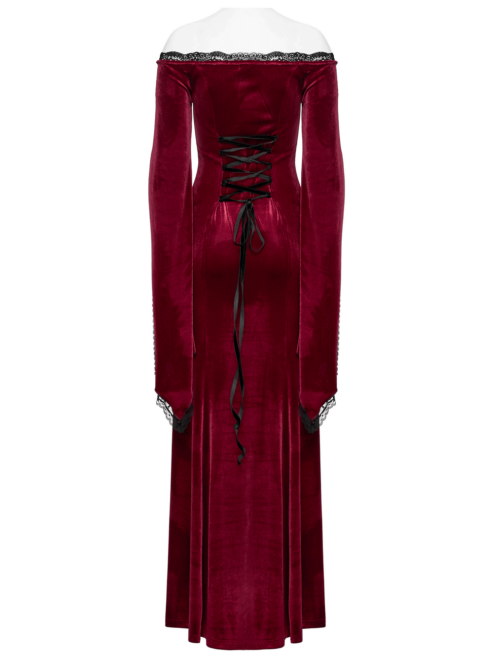 Back view of an elegant red velvet gothic dress with lace sleeves and lace-up detailing.