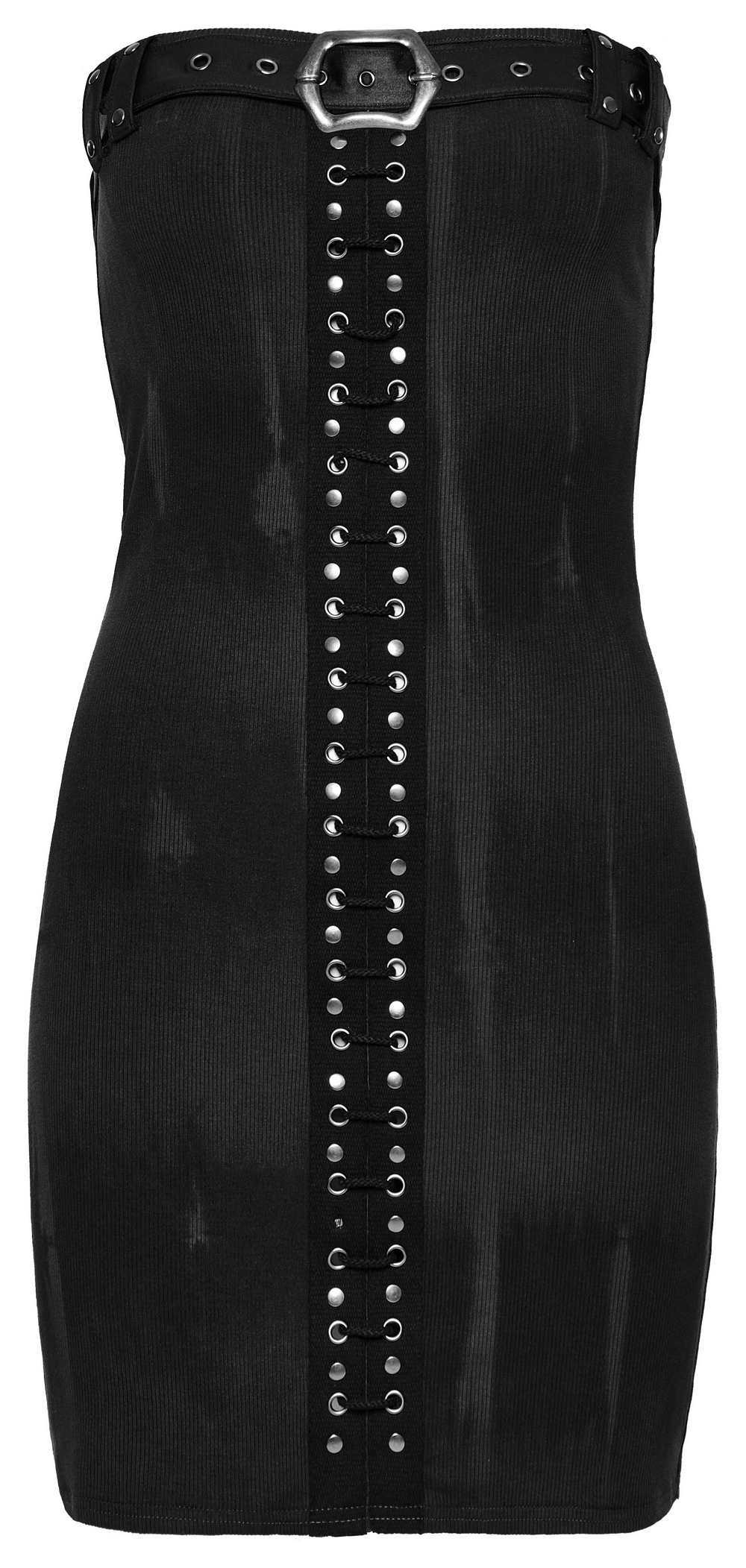 Sleek black tube dress with buckle detail and eyelet lacing, designed for a bold, edgy look.