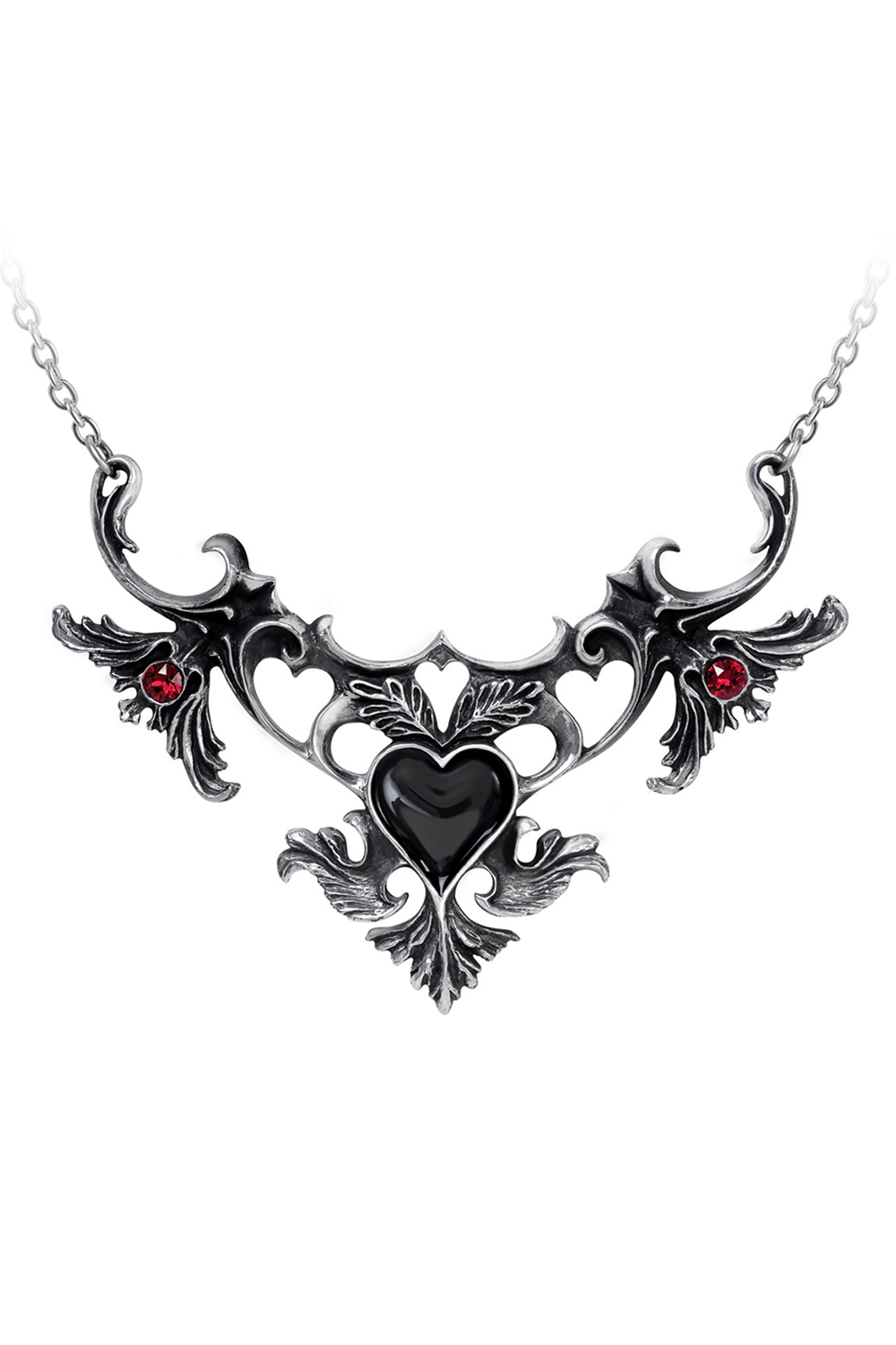 Elegant Rococo heart necklace with black center and red Swarovski crystals on intricate pewter scrollwork.