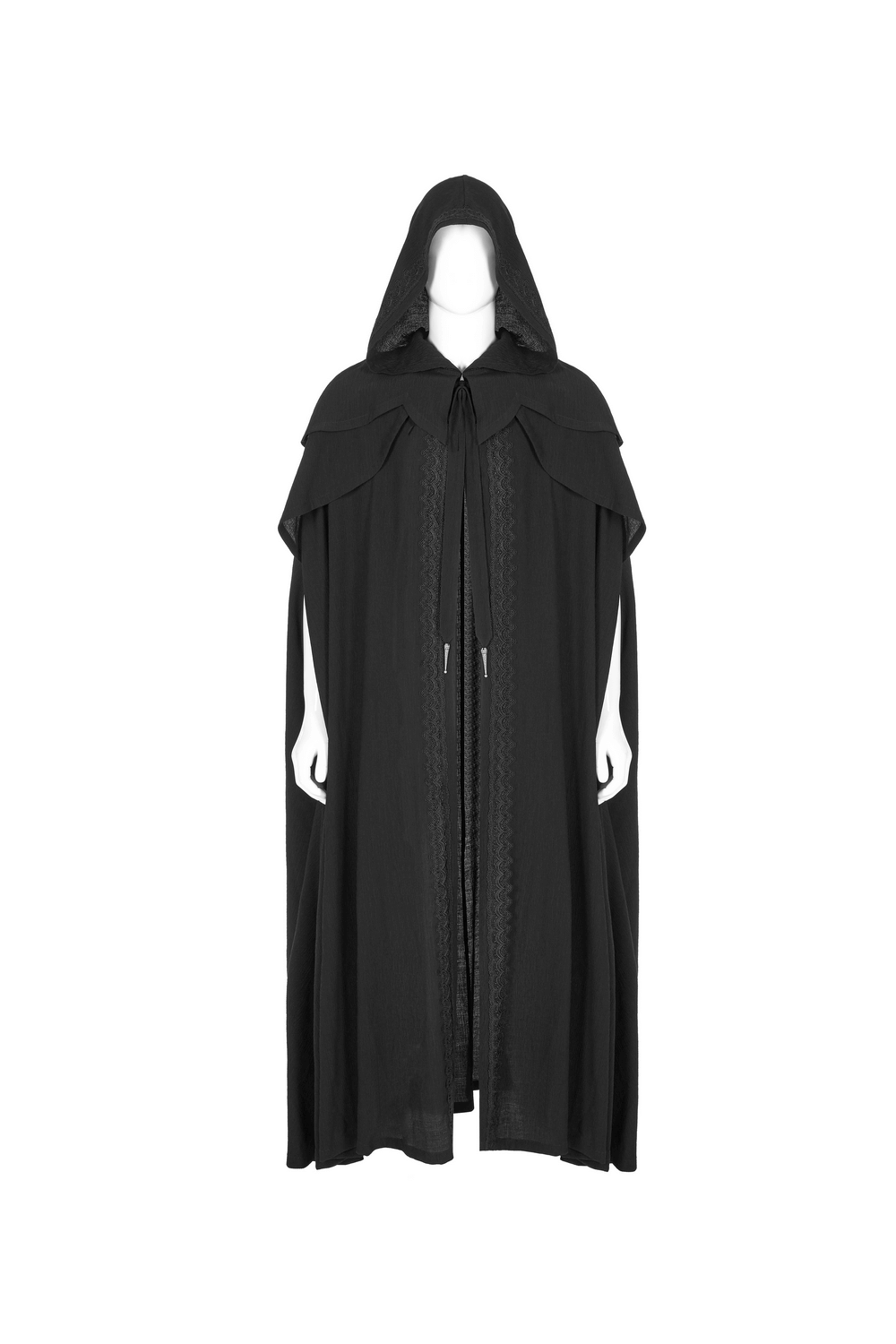 Elegant black Rococo long cloak with cascading shoulders and a hood, perfect for dramatic fashion moments.