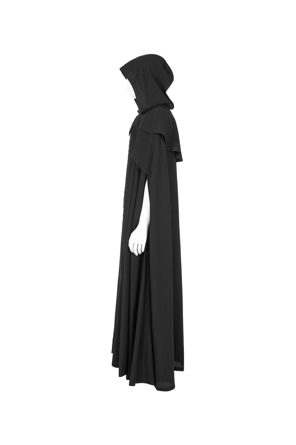 Elegant black Rococo long cloak with cascading shoulders and hood, showcasing timeless sophistication and dramatic flair.