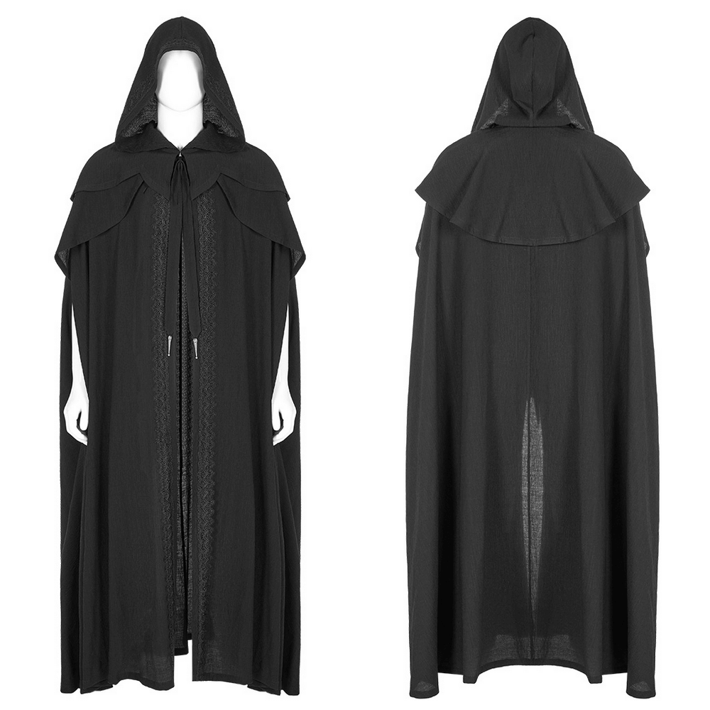 Elegant black Rococo long cloak with cascading shoulders and hood, perfect for dramatic fashion statements.