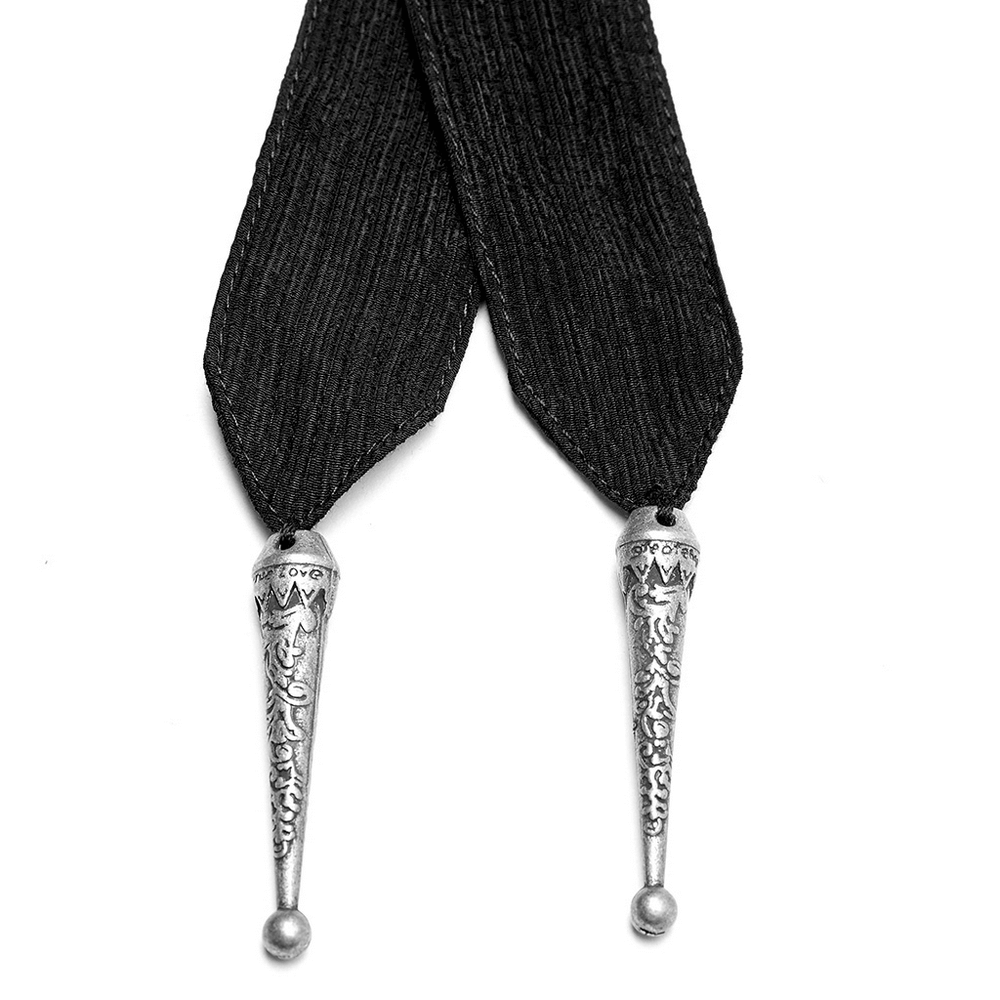 Elegant silver pendant tips on a black ribbon, perfect detail for a Rococo cape or cloak.