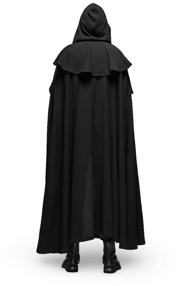 Elegant black Rococo long cloak with cascading shoulders and hood, showcasing luxurious craftsmanship and timeless style.