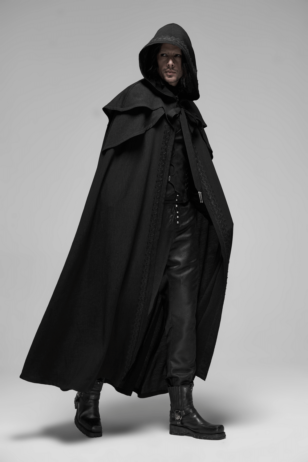 Elegant Rococo long cloak with cascading shoulders, styled for dramatic flair and timeless sophistication.