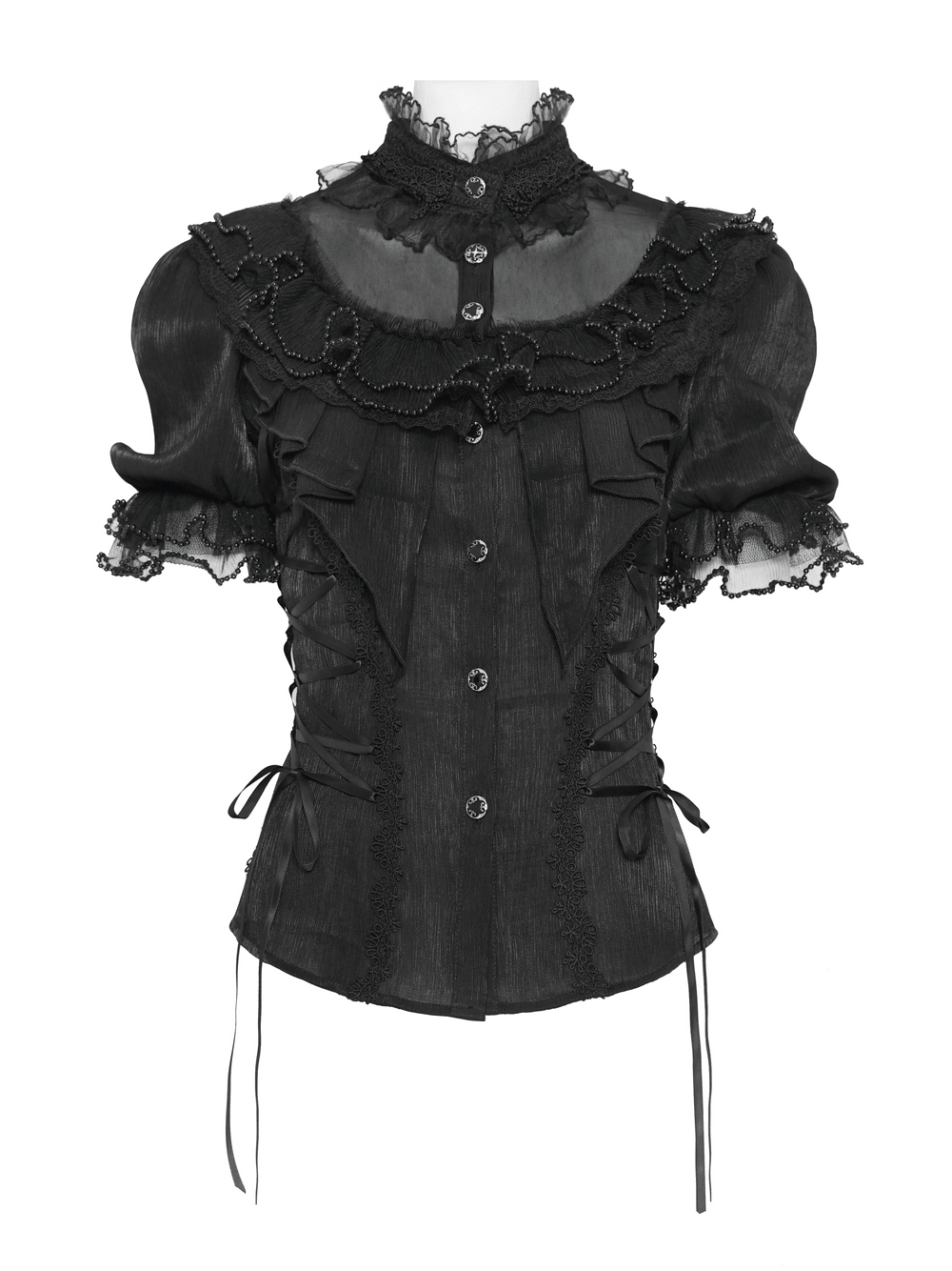 Elegant Ruffle Blouse with Sheer Yoke and Lace-Up Sides in elegant black, featuring ruffles and lace accents.