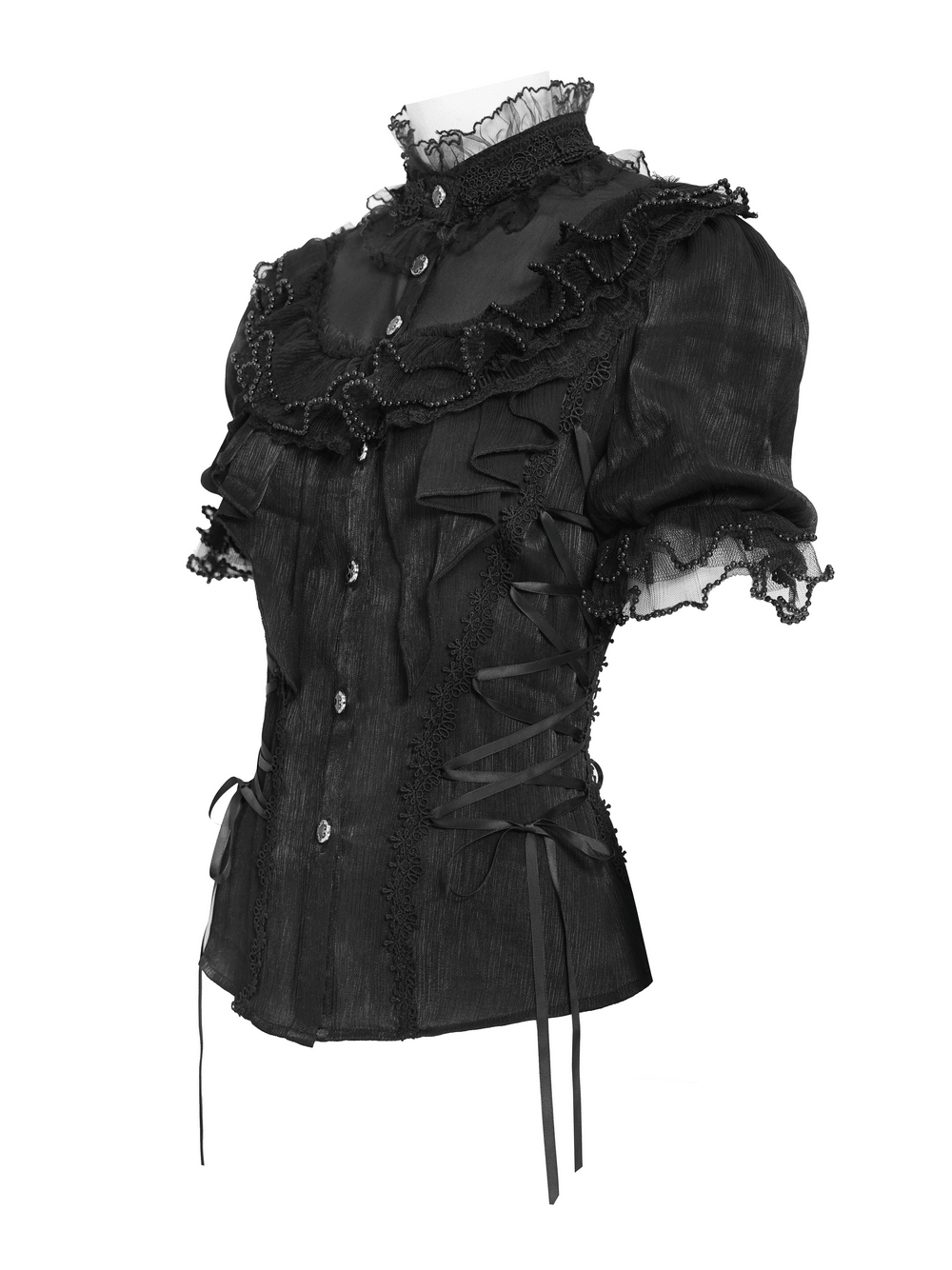 Elegant Ruffle Blouse with Sheer Yoke and Lace-Up Sides in black with intricate lace detailing.