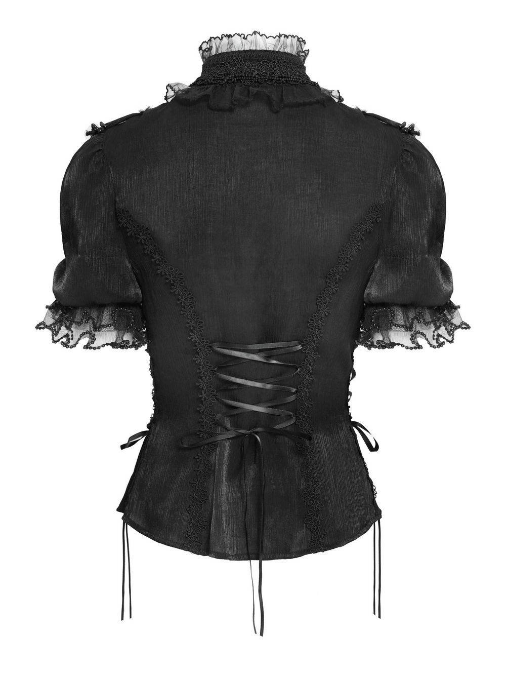 Elegant Ruffle Blouse with Sheer Yoke and Lace-Up Sides – Back view showcasing intricate ruffle and lace detail.