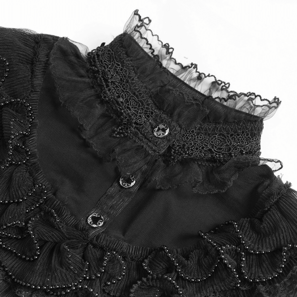 Elegant Ruffle Blouse with Sheer Yoke and Lace-Up Sides close-up of collar and ruffle details