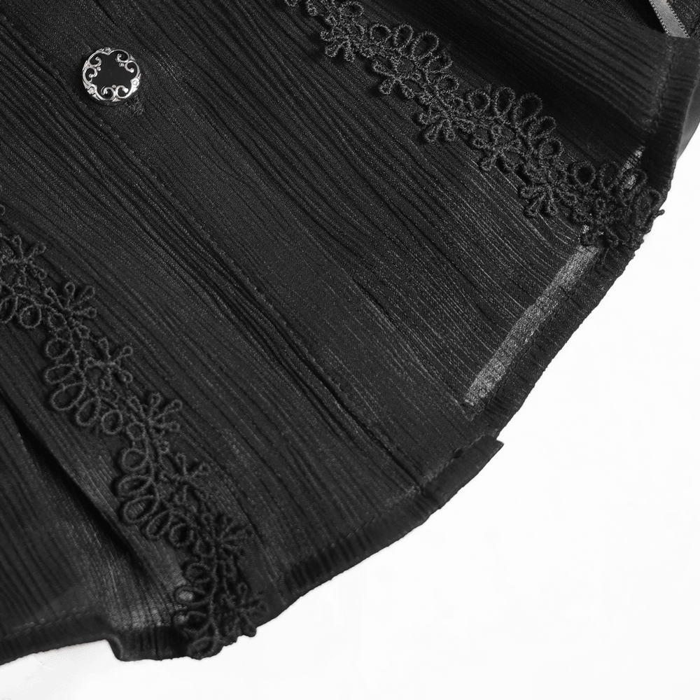 Elegant Ruffle Blouse with Sheer Yoke and Lace-Up Sides featuring intricate lace detailing.