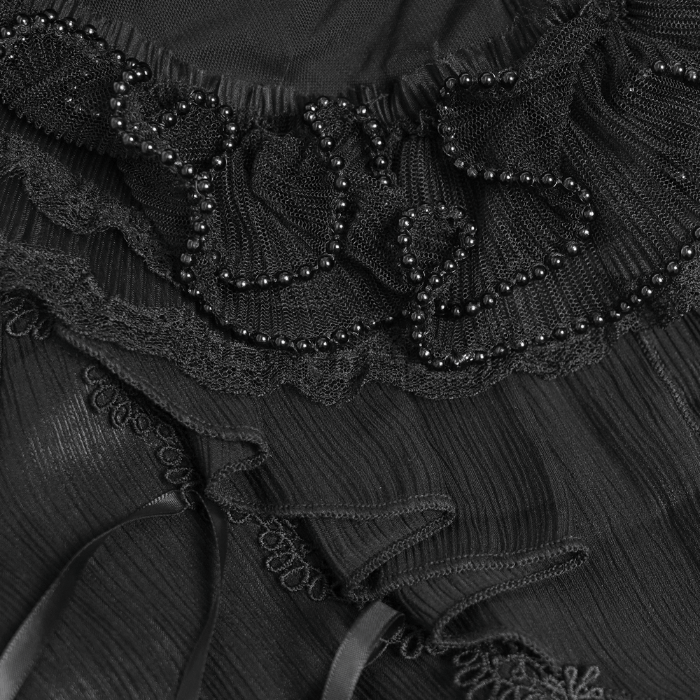 Elegant Ruffle Blouse with Sheer Yoke and Lace-Up Sides detailed with beads and lace accents.