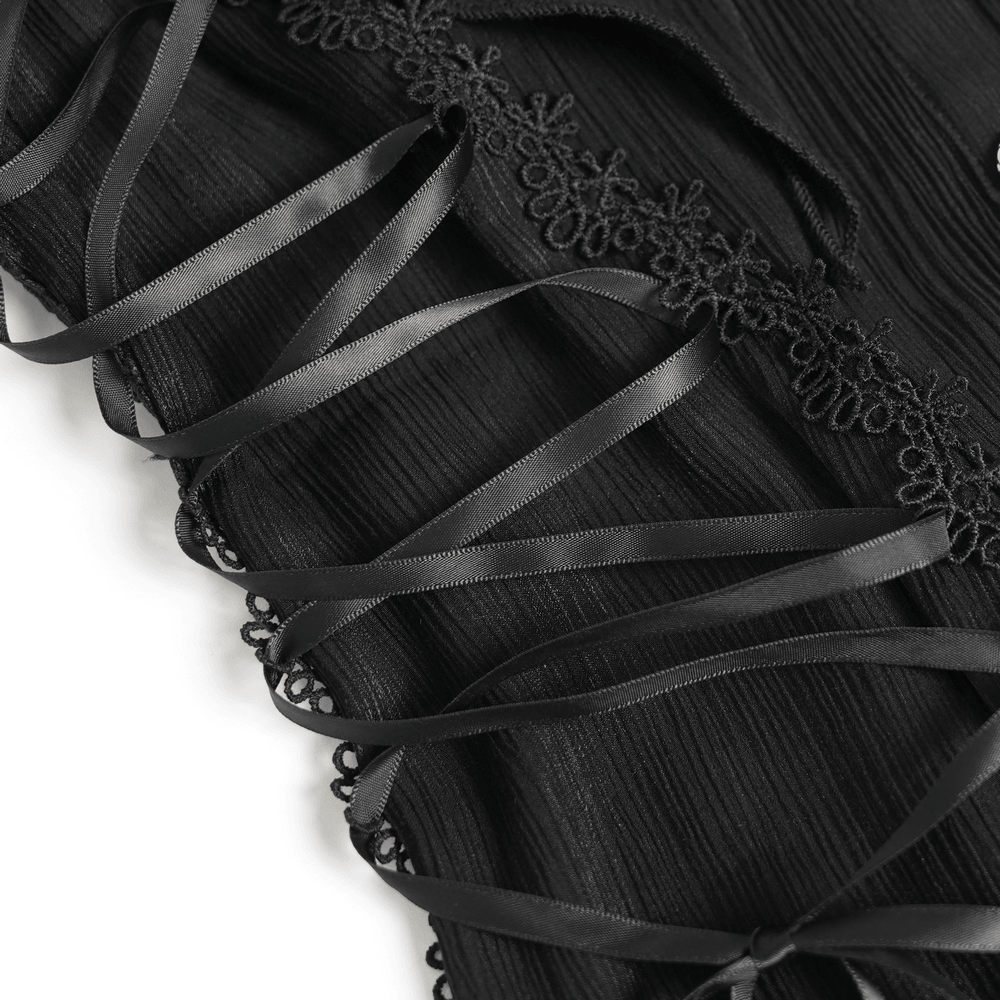 Elegant Ruffle Blouse with Sheer Yoke and Lace-Up Sides featuring intricate lace and satin ribbons.