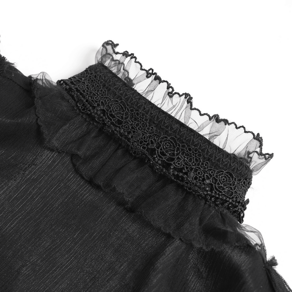 Elegant Ruffle Blouse with Sheer Yoke and Lace-Up Sides close-up of the lace and ruffled collar detail