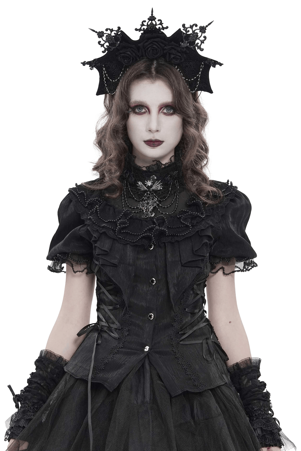 Elegant Ruffle Blouse with Sheer Yoke and Lace-Up Sides showcased elegantly in gothic fashion style.