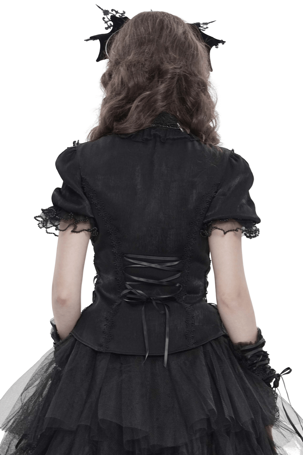 Elegant Ruffle Blouse with Sheer Yoke and Lace-Up Sides displayed from the back, showcasing its chic design and detailing.