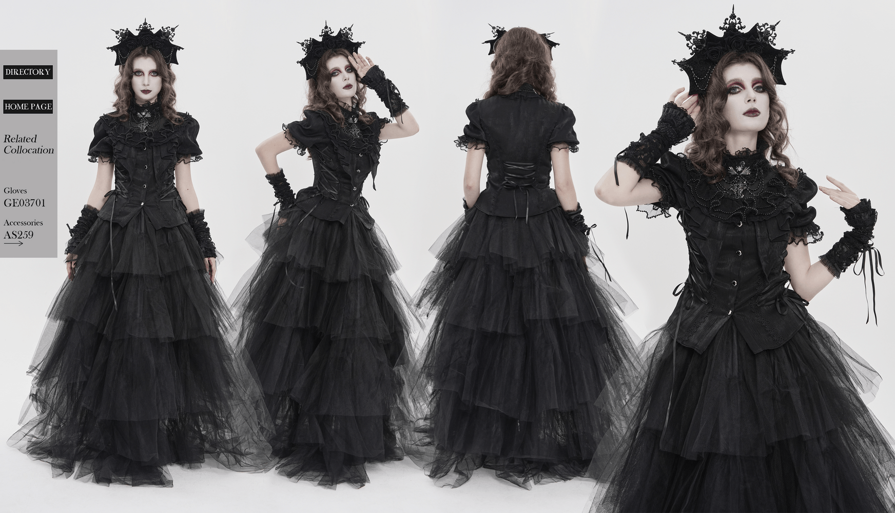 Elegant Ruffle Blouse with Sheer Yoke and Lace-Up Sides displayed on a model in a dramatic black tulle ensemble.