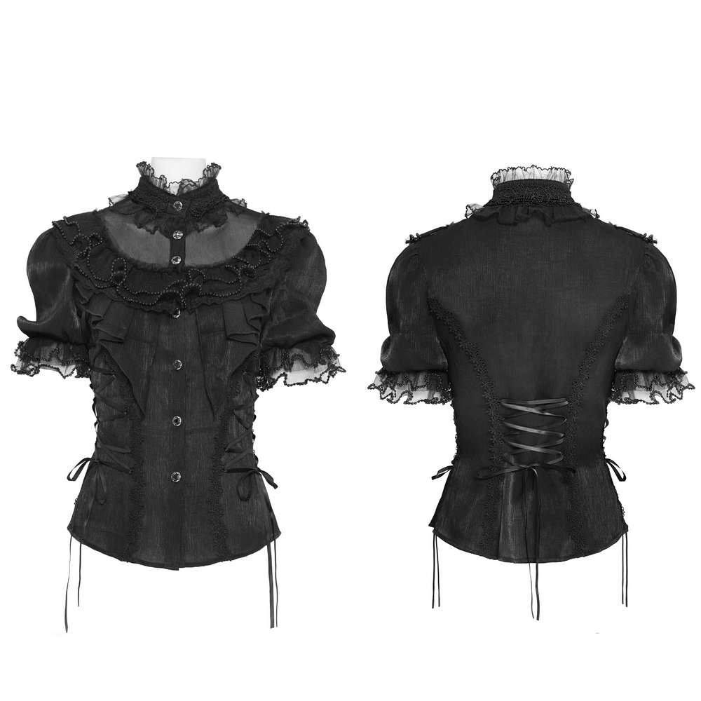 Elegant Ruffle Blouse with Sheer Yoke and Lace-Up Sides in black, showcasing front and back views.
