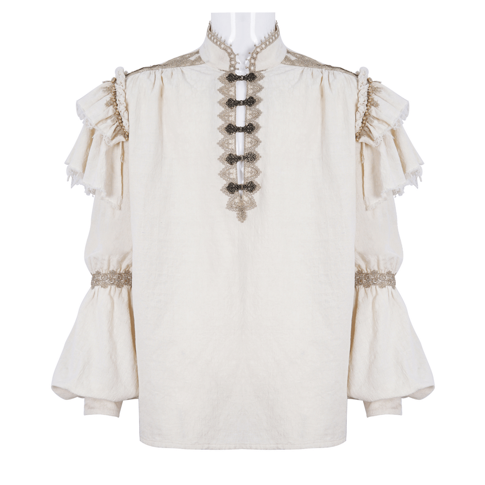 Elegant vintage ruffled cotton shirt with beaded lace details and romantic sleeve design ideal for any occasion.