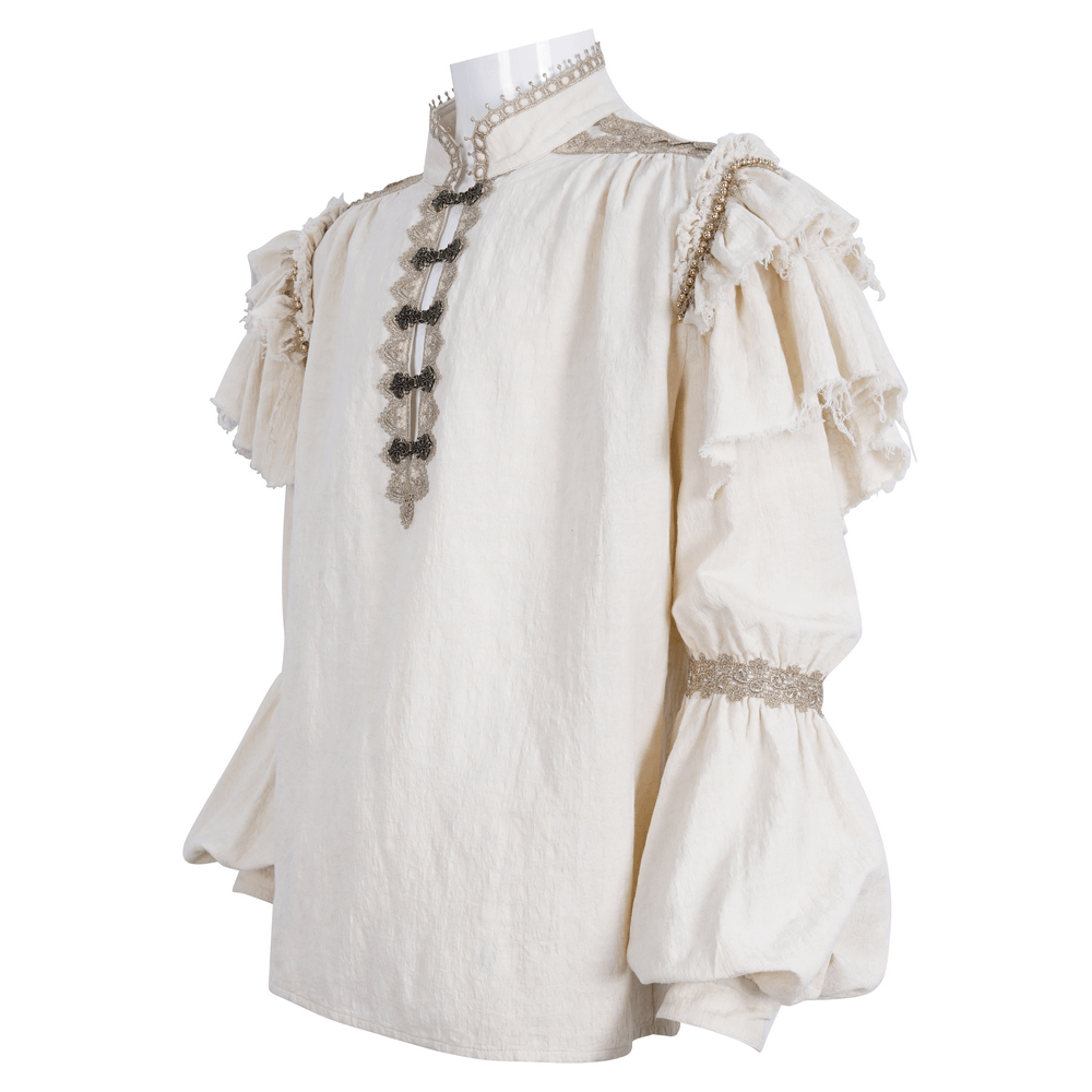 Vintage ruffled cotton shirt with beaded accents and lace details, perfect for elegant or casual wear.