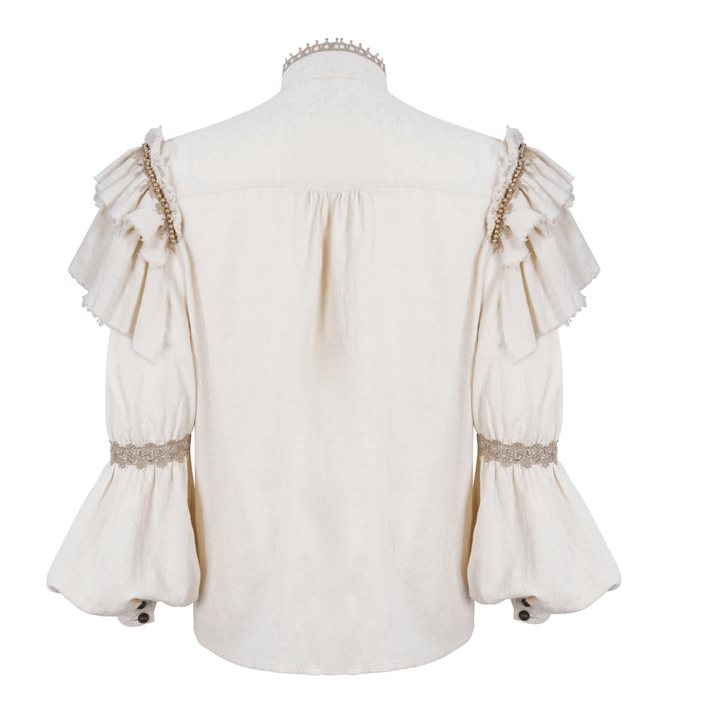 Elegant ruffled cotton shirt with beaded details showcasing vintage charm and romantic sleeve design.