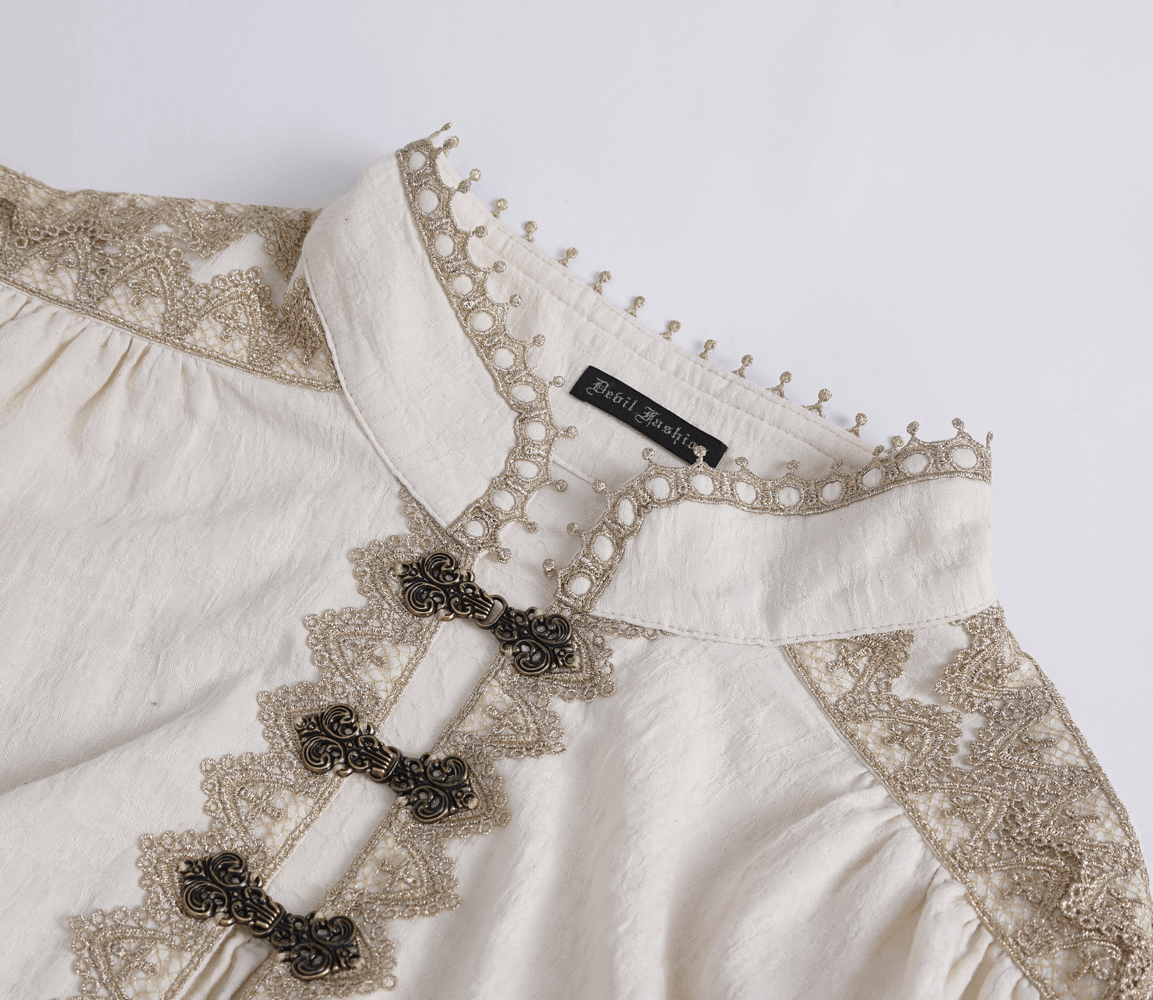 Elegant vintage ruffled cotton shirt with beaded details and lace accents for a charming look.