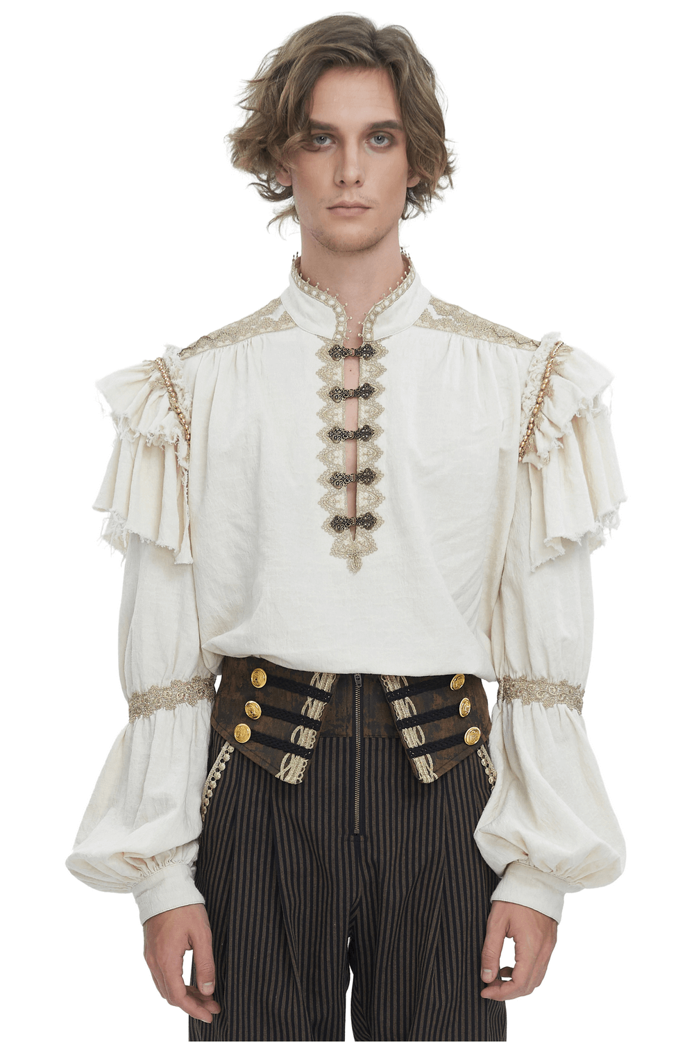 Elegant ruffled cotton shirt with beaded details and lace-up front for vintage charm and romance.