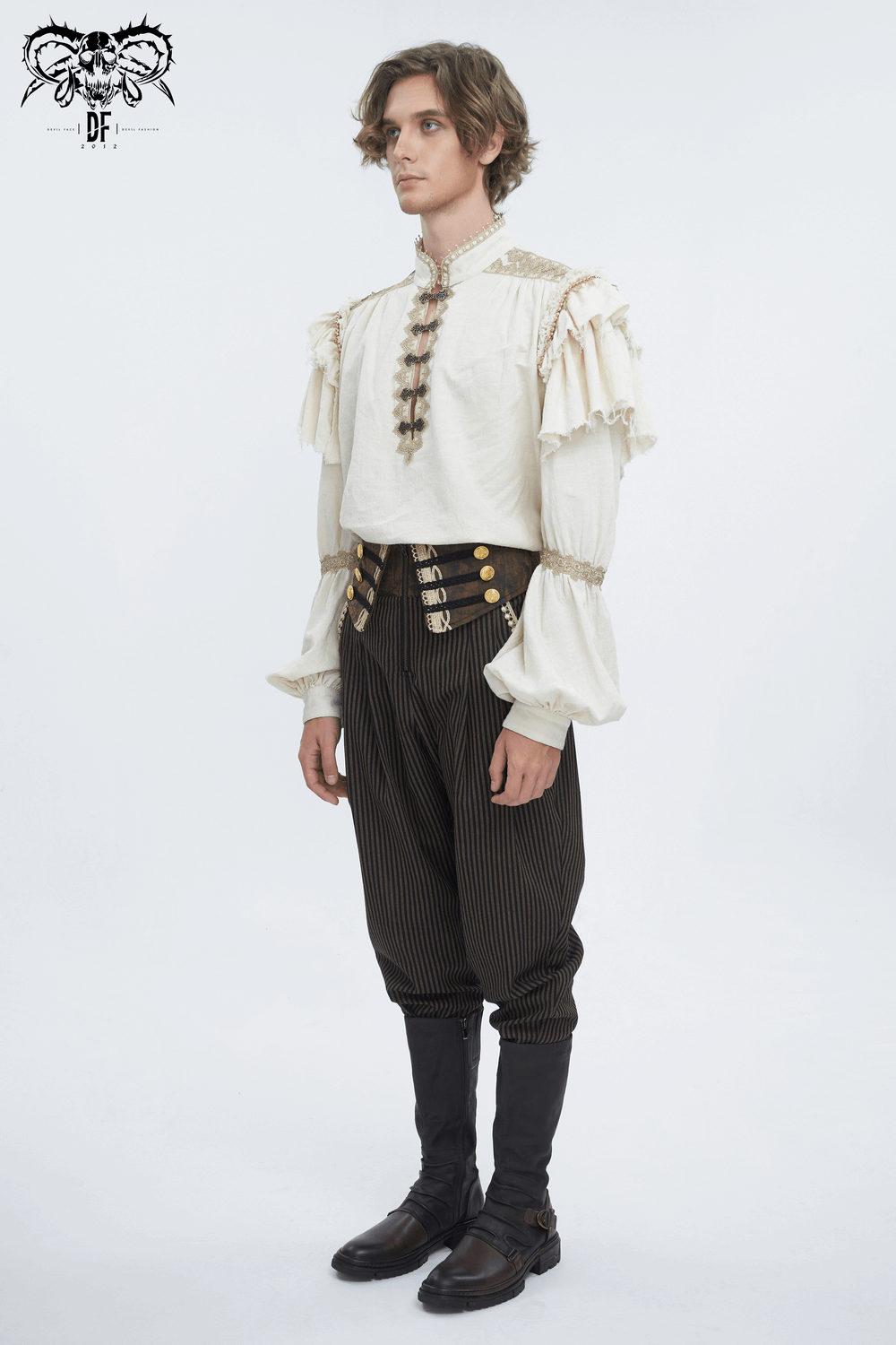 Elegant ruffled cotton shirt with beaded details, styled for vintage charm and romantic flair.