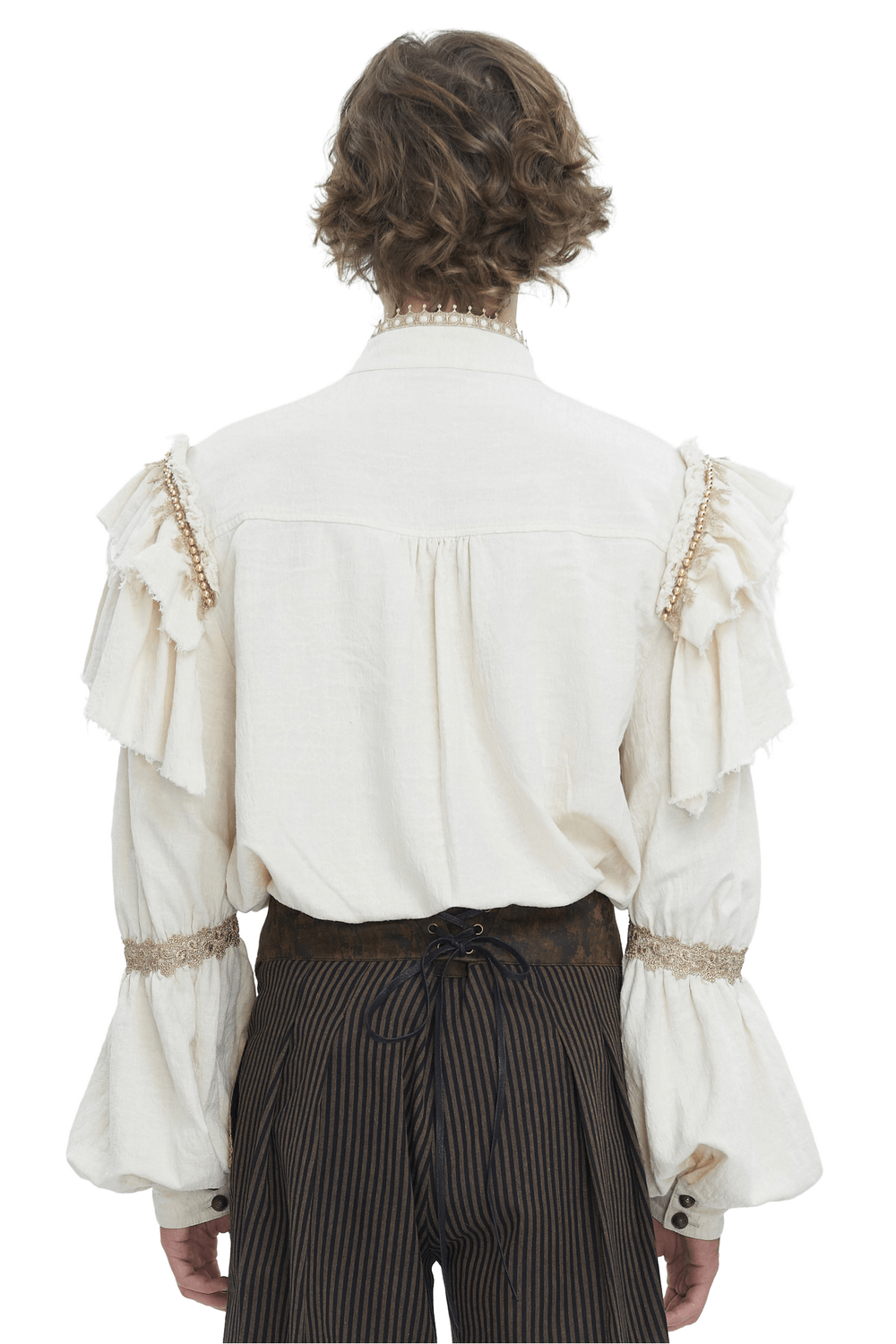 Back view of an elegant ruffled cotton shirt featuring beaded details and romantic sleeve design.