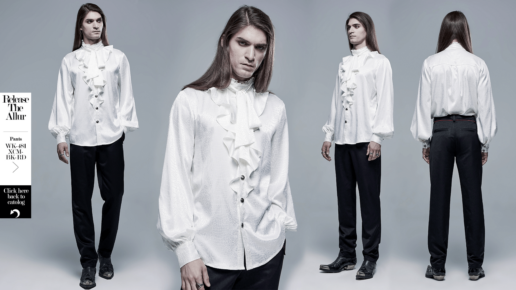 Elegant white ruffled blouse styled for gothic occasions, featuring a high collar and long sleeves, perfect for a sophisticated look.