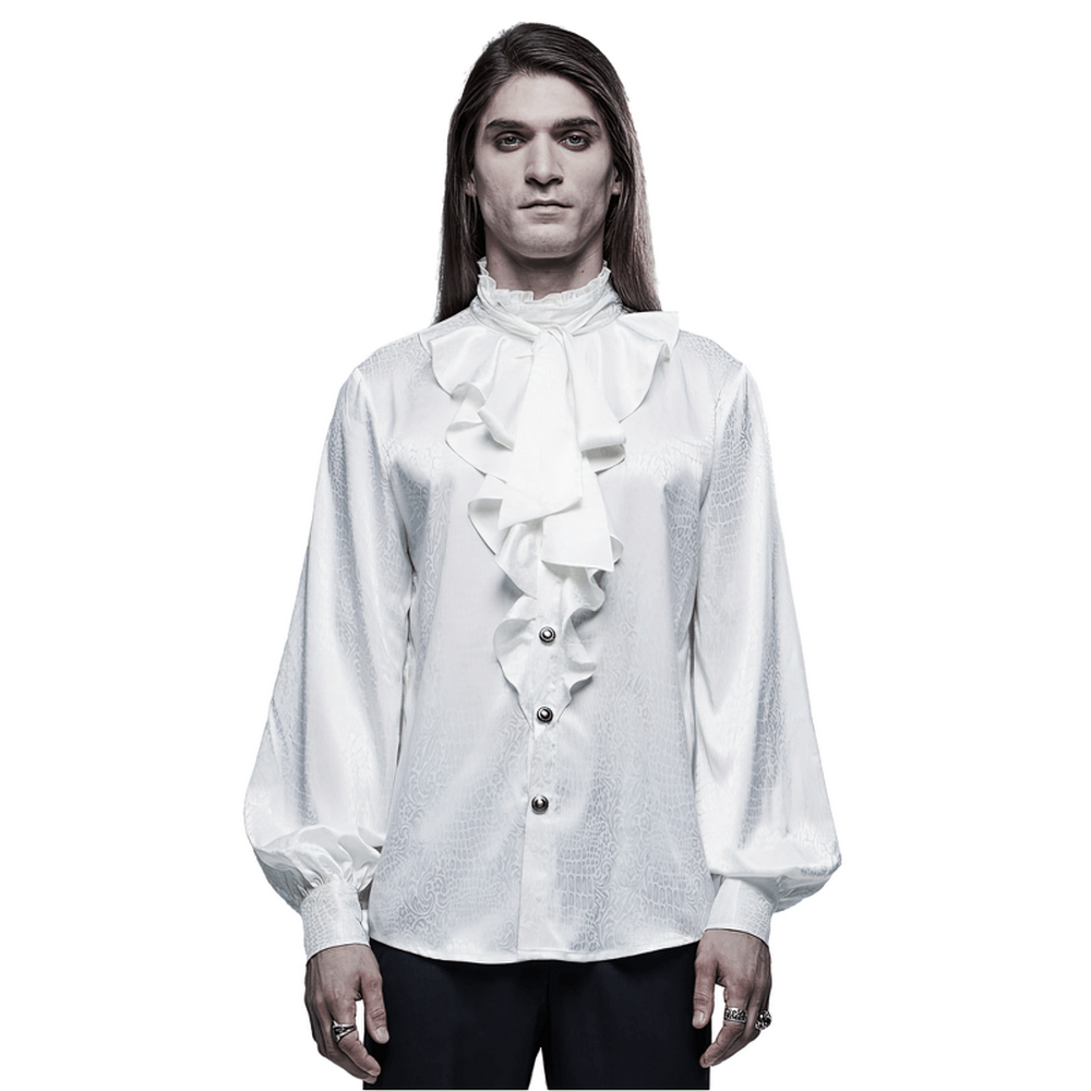 Elegant ruffled gothic blouse in white, featuring high collar and detachable tie for stylish occasions.