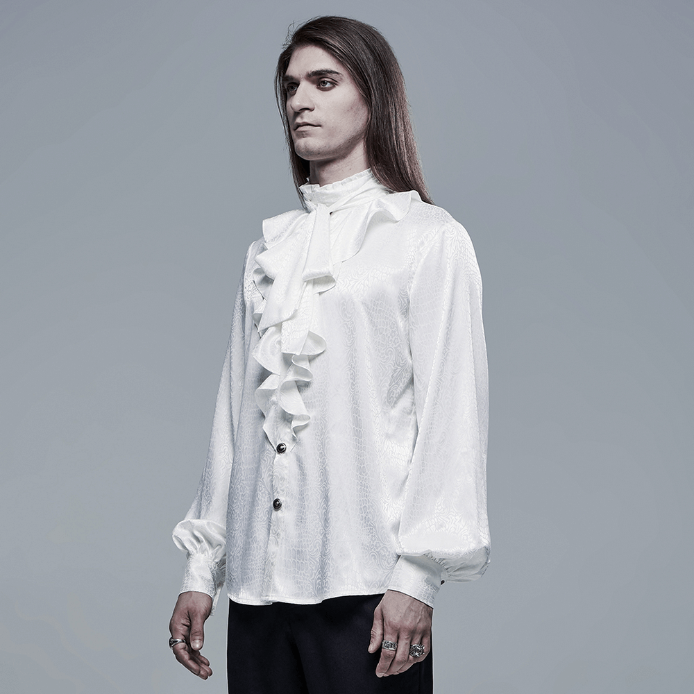 Elegant ruffled gothic blouse in white, showcasing high collar and buttons for stylish occasions.