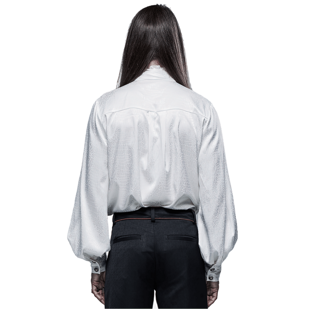 Back view of an elegant Gothic blouse with ruffles, showcasing its dark woven jacquard fabric and stylish silhouette.