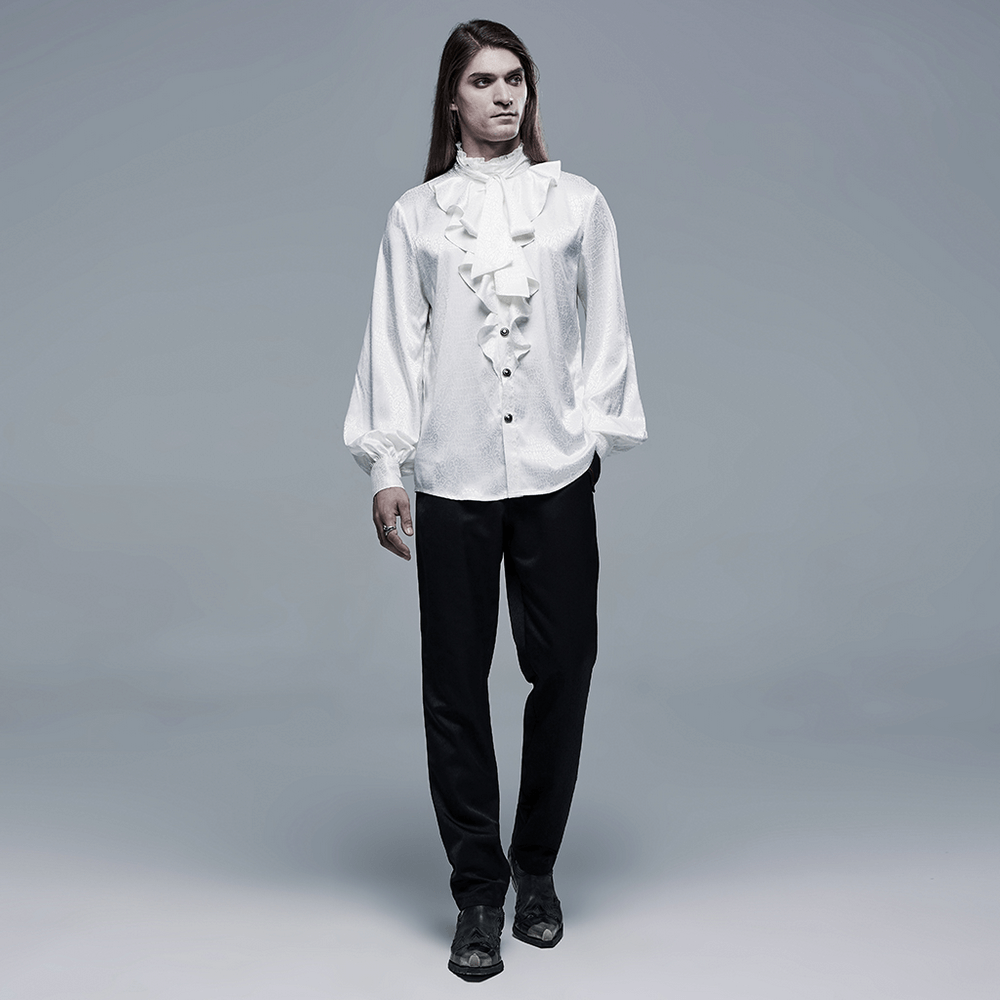 Elegant ruffled gothic blouse in white, paired with black trousers for a sophisticated look.