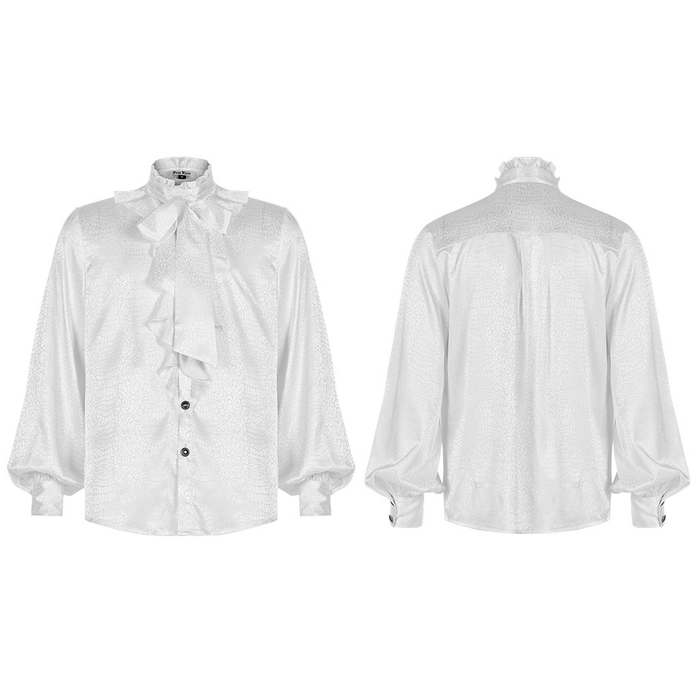 Elegant white ruffled gothic blouse with high collar and detachable tie, perfect for stylish occasions.
